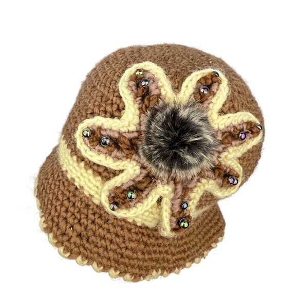 Handmade Crochet Beaded Brim Hat Faux Fur Pom Chunky Yarn Lined Boho Retro - Picture 5 of 6